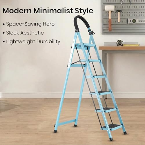 Image of Norman Jr Teal Blue 6 Step Ladder for Home Use with Built-in Tool Tray | Heavy Duty D Shape Rods | Ultra Large Platform | Wide Rubber Feet | 150Kg Capacity Foldable Ladder - 7 Years Warranty