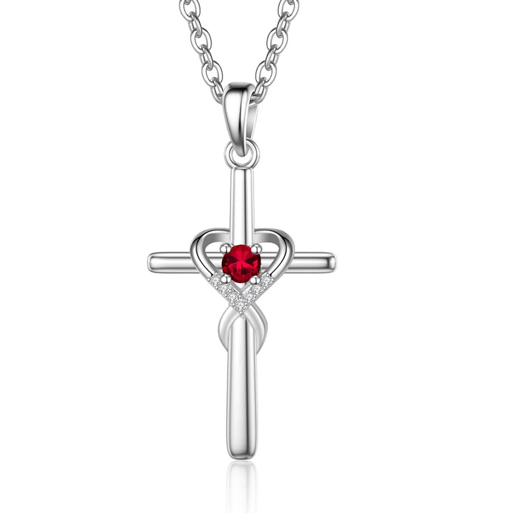 UEUCSilver Birth Stones Cross Necklace for Women Infinity Heart Religious Faith Zircon Cross Necklace for Ladies Jewelry Gifts 18’’+2’’ Chain