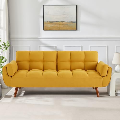 mikibama Futon Sofa Bed Modern Convertible Sleeper Sofa 75 Linen Twin Size Futon Couch Comfy Recliner Sofa Couch with Adjustable Split Backrest for Living Room Small Spaces Yellow