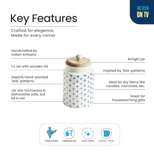 Image of ExclusiveLane 'StarMark' Multi-Utility Airtight Ceramic Jars For Kitchen Storage With Wooden Lid Ceramic Containers For Pickle Cookies Sugar Dry Fruits (Airtight, 670 ML, Hand-Painted, 18 Cm)