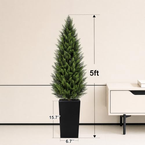 Image of VIVATREES 5FT Artificial Cedar Topiary Trees 2 Pack, Faux Cypress Plants with Black Square Planters, UV Resistant Outdoor Evergreen Decor for Front Porch, Patio, Garden & Home