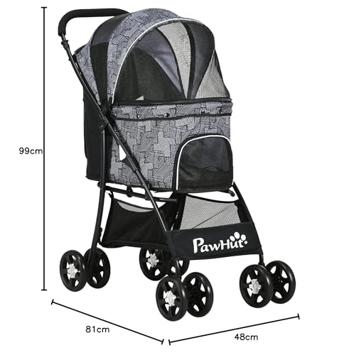PawHut Hundewagen, faltbarer Hundebuggy, Hundetrolley mit Kissen, Katzenbuggy, Katzenwagen mit 4 Rädern, Netzfenster, Stauraum für kleine Hunde, Katzen, 600D Oxford, Schwarz