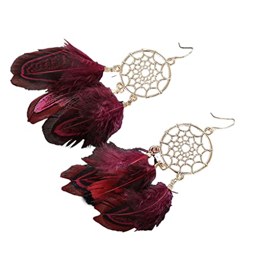 1 par de Pendientes de Mujer Estilo Bohemio Hermoso Elegante Delicado Plumas Colgantes de Orejas en Las Orejas colgales para decoración, Vino Rojo Cover