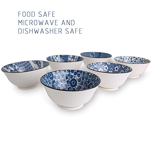 YALONG Japanese Style Deep Soup Bowls Set of 6, 6 inch Cereal Bowls Assorted Patterns, 20 oz Pho Ceramic Bowls Set Serving Soup Rice Salad Rice Noodle Pasta, Dishwasher Microwave Safe
