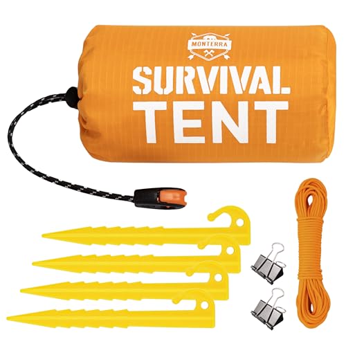 Monterra Emergency Tent, 2 Person Survival Shelter, Thermal Mylar, Waterproof, Outdoor Camping Gear and Equipment, Survival Kits, Compact Bivvy Tarp, Includes Paracord and Accessories. (Orange 1 Pack)