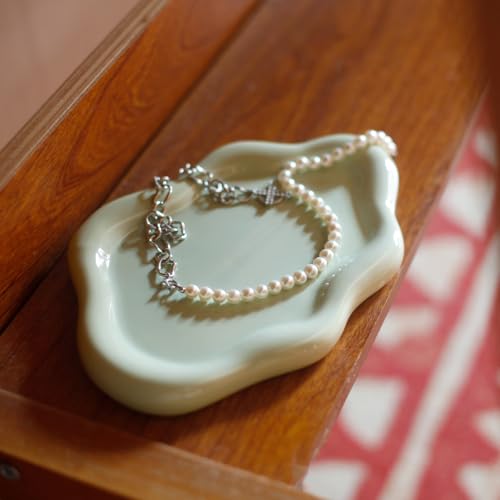 Image of Jewelry Dish Trinket Tray for Women, Ring Dish Holder, Unique Cloud Shape Ceramic Plate Cute Things Vanity Aesthetic Room Decor Mother's Day Birthday (Mint Green)