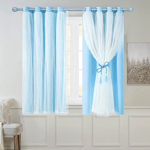 Image of Short Blue Blackout Curtains 63 Inch Length with Sheer - Double Layered Light Blue Grommet Window Treatment for Kids /Children's Boys Bedroom Living Room Nursery, Baby Blue, 2 PCs