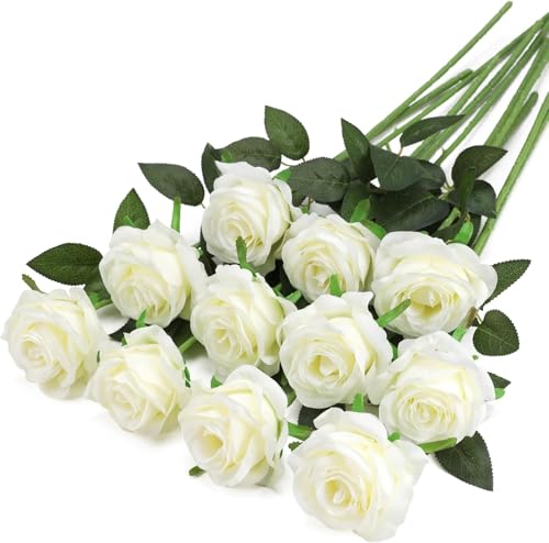 Image of Dekorly Artificial Fake Roses Flowers - 10 Pcs Fake Artificial Roses Silk Flowers with Stems for Home Room Tabletop Wedding Hotel Office Centerpiece Decor | Height 18 Inch (White)