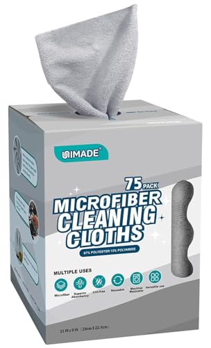 UNIMADE Microfiber Cleaning Cloth 75 Sheets Microfiber Towels for Cars Commercial Grade Washcloths Lint-Free Bulk Shop Towel Cleaning Rags for Household Restaurant Garage Housekeeping 11x 9 Grey