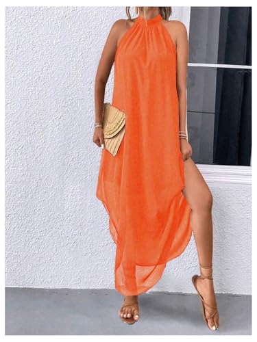 Image of Verdusa Women's Wedding Guest Dress Halter Flowy Chiffon Long Dresses | Cocktail Dress, Asymmetrical Dress for Women, Sleeveless, Prom Dress, Cruise Outfits, Boho