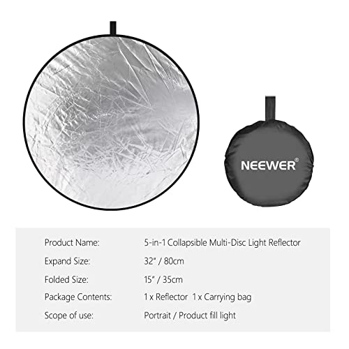 NEEWER Reflector Luz de 32in/80cm Difusor de Luz 5 en 1 Multi Disco Plegable con Bolsa Translúcido, Plateado, Dorado, Blanco y Negro para Iluminación de Fotografía de Estudio y Exteriores