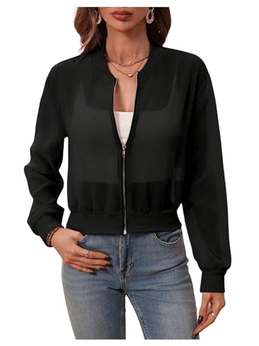 Verdusa Women's See Through Bomber Jacket Zip Up Long Sleeve Spring Outwear