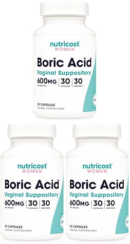 Image of Nutricost Boric Acid 600mg, 30 Capsules - Vaginal Suppository - Non-GMO - for Women (Pack of 3)