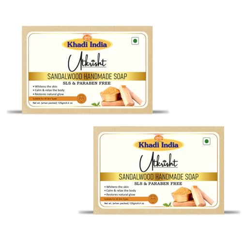 Image of Khadi Sandalwood Herbal Bath Soap | Handmade with Natural Ingredients | Nourishing, Aromatic & Skin Brightening | Paraben-Free | For Men, Women & Sensitive Skin (Pack of 2)-125gm