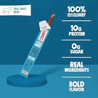 CHOMPS Grass Fed Sea Salt Beef Jerky Snack Sticks, Keto, Whole30, Paleo, Gluten Free, Sugar Free, Low Carb, AIP Diet Compliant, 1.15 Oz, Pack of 24