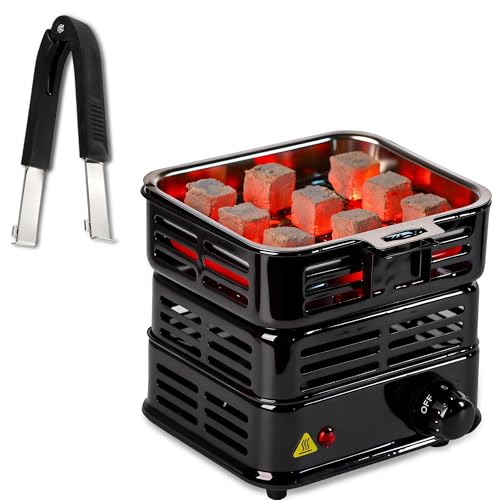 SERdeerCH 多目的ターボ石炭バーナー、電気チャコールバーナー 1000W ハイパワーキューブコイルバーナー ステンレス取り外し可能なトング付き (ブラック)