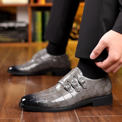 Santimon Men's Crocodile Pattern Leather Monk Strap Shoes, 3-Buckle Slip-On Formal Dress Loafers3