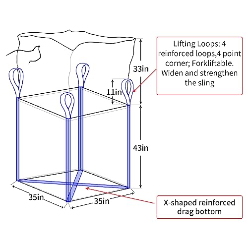 2 Pack FIBC Bulk Bag, Flexible Bulk Bags1.5 Ton Bag, 35"L x 35"W x 43"H, 3300lbs SWL, Duffle Top Flat Bottom Heavy Duty, Woven Polypropylene Waste Bag3
