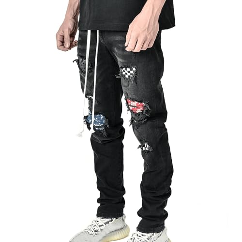 Mens Vintage Ripped Patch Jeans Printed Pattern Skinny Biker Denim Pants Hip Hop Check Patchwork Jean Trousers3