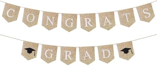 Congrats Grad Banner - Prestrung Fabric Gold Graduation Banner Sign for Congratulations Decorations