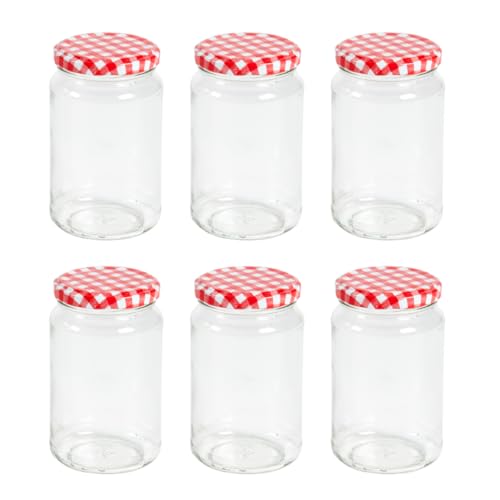Nutley's 370ml, 1lb Round Glass Jam Pickle Chutney Jar with Twist-Off Red Gingham Lids (Pack of 6)