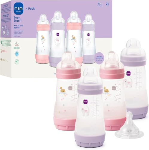Image of MAM 9oz Easy Start Anti-Colic+ Wide Neck Baby Bottle,Medium Flow Breastfeeding-Like Nipple,Reduces Colic Gas&Reflux,Easy to Clean,BPA Free,2+ Months,Made in Europe,Bonus Fast Flow Nipple (Pack of 6)