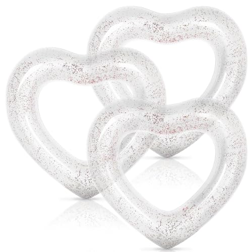 Whaline 3Pcs Inflatable Heart Pool Float with Glitter Inside White Swim Pool Rings Float Loungers Tube for Summer Pool Beach Bachelorette Party, 47.3 x 39.4 Inch
