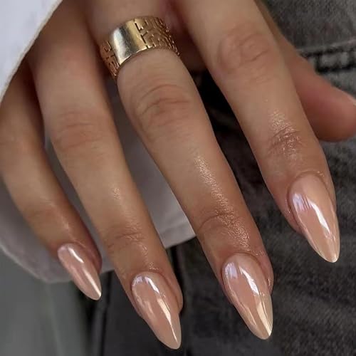 SEMATA Nude Chrome Press on Nails Almond Medium Acrylic Nails Press ons Almond Nude Glue on Fake Nail with Bling Glossy Designs Reusable Artificial Stick on False Nail for Women 30Pcs