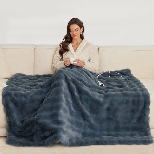 Indelala Heated Throw Blanket Electric - Washable Faux Rabbit Fur Heated Blanket 51'x63', with...