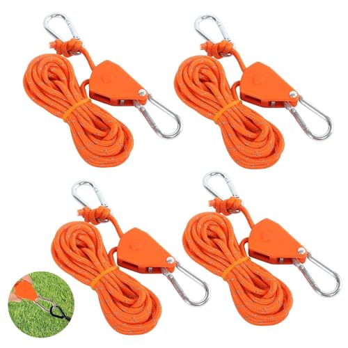 prota Cordes à Cliquet avec Crochet 4M, 4 Pièces Poulie à Cliquet Corde à Cliquet Réglable, 4mm Corde De Camping Légère Tendeur de Corde à Cliquet pour Lampe Plantes Tente Randonnée