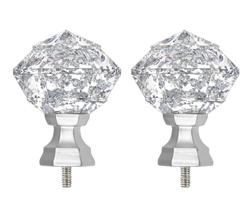 TONIAL Curtain Rod Finials for 3/4 and 5/8 Inch Diameter Curtain rods, Translucent Diamond Replacement Finials with M6 Standard Screw, Silver 2pcs