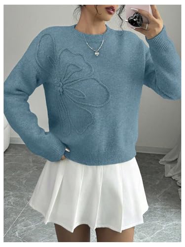 Image of RoseSeek Women's 3D Floral Appliques Crewneck Sweaters Long Sleeve Drop Shoulder Pullovers Elegant Knit Tops