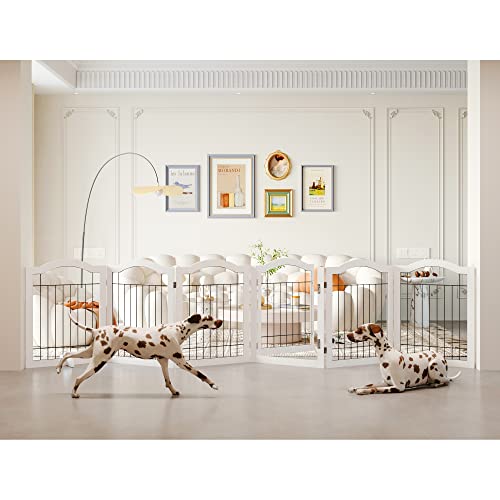 Image of GHQ&ME No-Assembly 144" Extra Wide 30" Tall Freestanding Pet Gate with Door Walk Through, Wooden Folding Dog Gate for Doorways Stairs, Indoor Pet Puppy Fence with 2PCS Support Feet - White