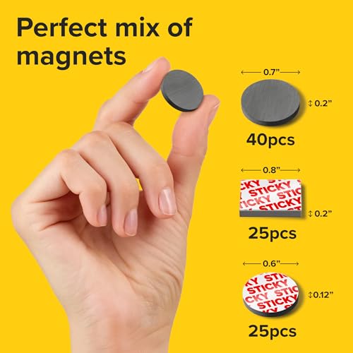 Image of Strong Ceramic Round and Square Magnets with Adhesive Backing (3 Sizes Mix, 90 pcs) - Heavy Duty Sticky Magnets, Non-Corrosive, Versatile for Home, Office, Workshop, Whiteboard, Fridge and Hobby Use