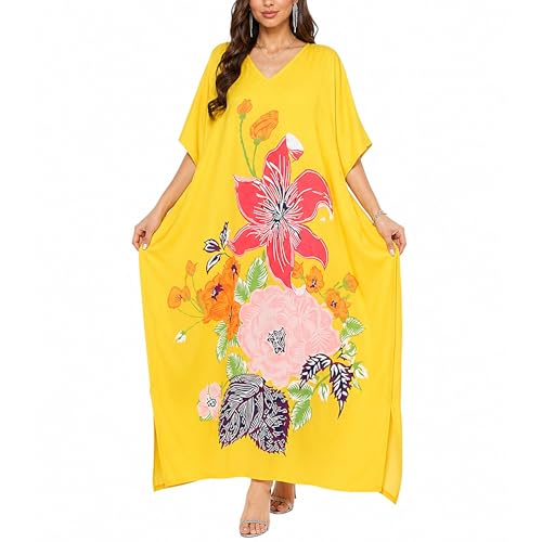 Image of Gypsie Blu Women Plus Size Kaftan Dress Beach Cover Up Maxi Dresses for Women, V-Neck Kimono Sleeve 1X-3X