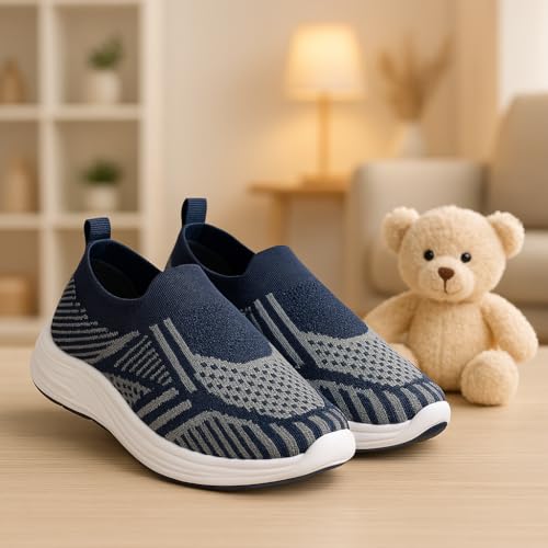 Image of Slip-On Knit Sneakers, Navy Blue, Lightweight Walking Shoes, White Sole