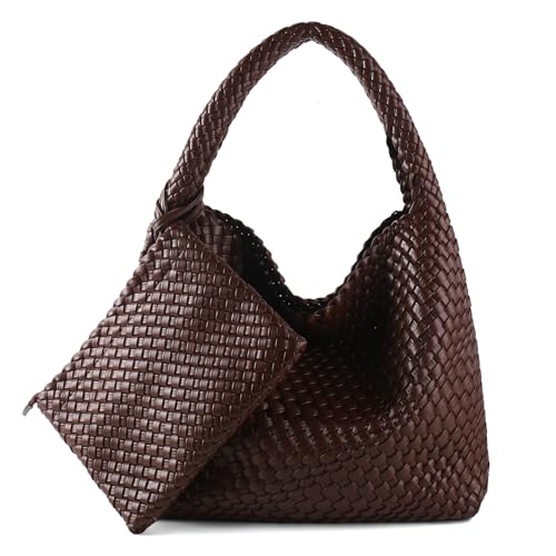 Image of Woven Bag for Women Vegan Leather Tote Bag Large Summer Beach Travel Handbag and Purse Retro Handwoven Shoulder Bag
