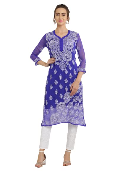 Image of FAWOMENT Women's Designer Straight Georgette Hand Embroidered Lucknowi Chikankari Kurta Designed in Side Jhaar Pattern Alongwith Slip
