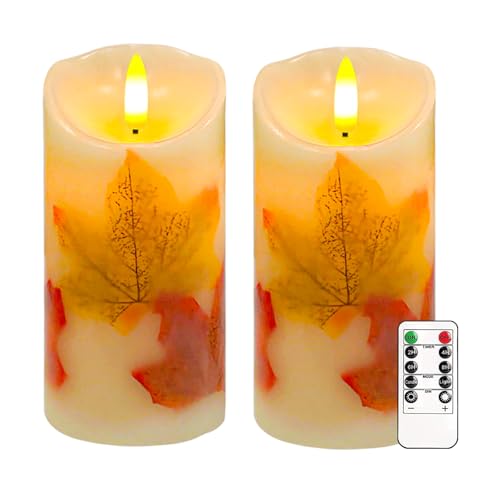 Flameless Candles Light Set of 2 6x3 Maple Leaf Flickering LED Candles with Remote & Timer Dimmable Electric Pillar Candles Battery Operated Fall Candles for Thanksgiving Harvest Autumn Decor