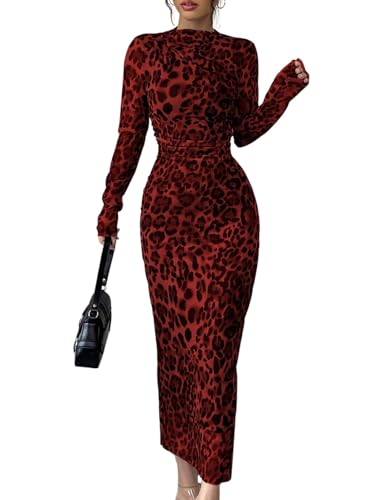 SweatyRocks Damen Langarm Kleid Elegant Midikleid mit Leoparden Muster Bodycon Freizeitkleid mit Fischschwanz Partykleid Figurbetont Kleid...