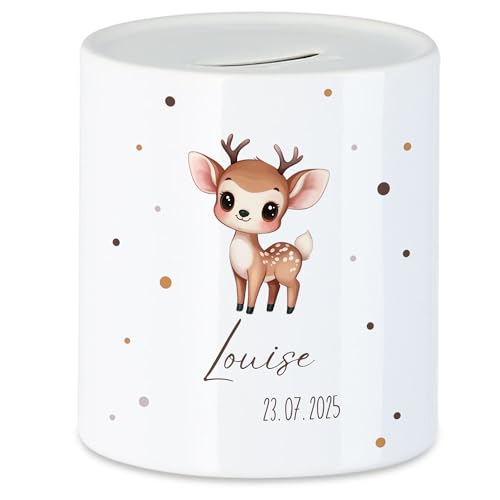 Kiddle-Design Tirelire pour Enfants avec Nom Personnalisé, Motif Animal CERF - Cadeau pour Fille & Garçon - Anniversaire, Noël, Naissance et Baptême -...