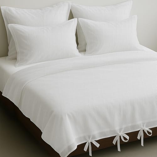 LINENWALAS 100% Organic Linen Cotton Slub Duvet Cover Set- 3-Piece Ultra Soft, Lightweight Bed Linen Quilt Cover with Bow Knot Closure for King Size Bedding (226x220 cm, White)