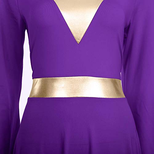 Women's Ladies Praise Stretchy Full Length Flare Long Sleeve Dance Dress Adult Lyrical Skirt Gymnastics and Ballet Dresses Maxi Gown Dancing Plain Color Clothes Swing Skirt Purple + Gold 2XL