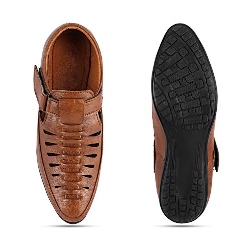 YSCROWD Men's Sandal Hook & Loop Fashionable Casual Synthetic Leather Brown Sandals for Men & Boy