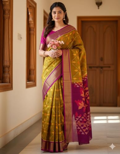 Image of AYYAPPASILK Women's Exclusive Ikkat Silk Saree for Designer Border with Contrast Blouse