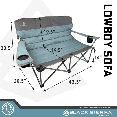 Black Sierra Low Camping Sofa, Double 2 Person Camping Chair Loveseat, Heavy Duty Camp Chair Supports 500 Lbs, Padded Folding Beach Chair With Duo Seating, Outdoor Lawn Chair W/ 2 Cup Holders #TOP2