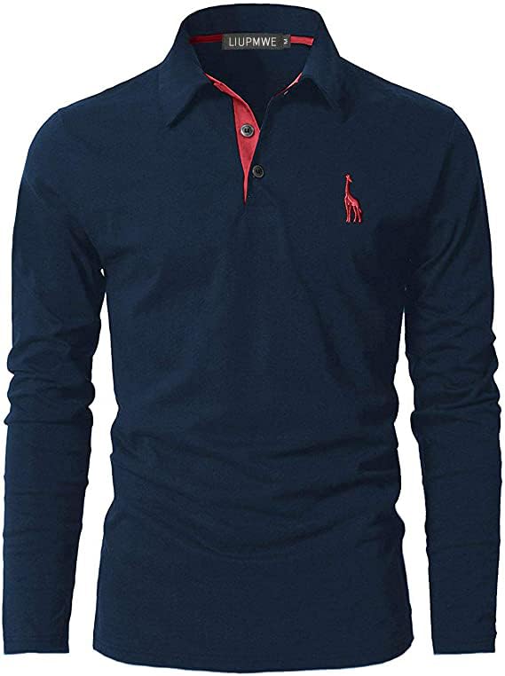 LIUPMWE Mode Polo Homme Manches Longues Cotton Girafe Brodé Col de Casual T-Shirt Golf Polos...