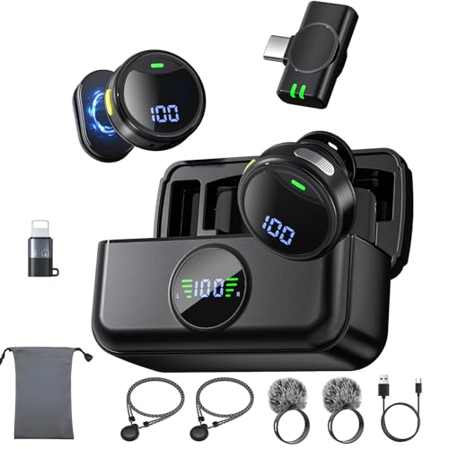 Wireless Lavalier Microphone for iPhone/Android, Mini Lapel Mic with Noise Cancellation, 48KHz 24Bit, 30h Battery Life, Mini Microphone for Video Recording, Vlogging