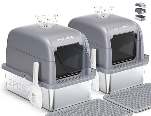 MeoWant Katzenklo Edelstahl Mit Deckel XXL,Großes Kapazität Abnehmbare Dreischichtige Geschlossene Geruchsdichte Edelstahl Katzenklo,Inklusive katzenklo Matte und Schaufel,Leicht zu reinigen (2pcs)