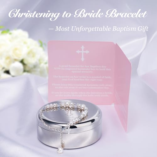 Baptism Bracelet in Sterling Silver and Cultured Pearls for Baby Girls, with Silver-plated Jewelry Keepsake Box, Great Catholic Christening and Baptism Gifts for Girl3